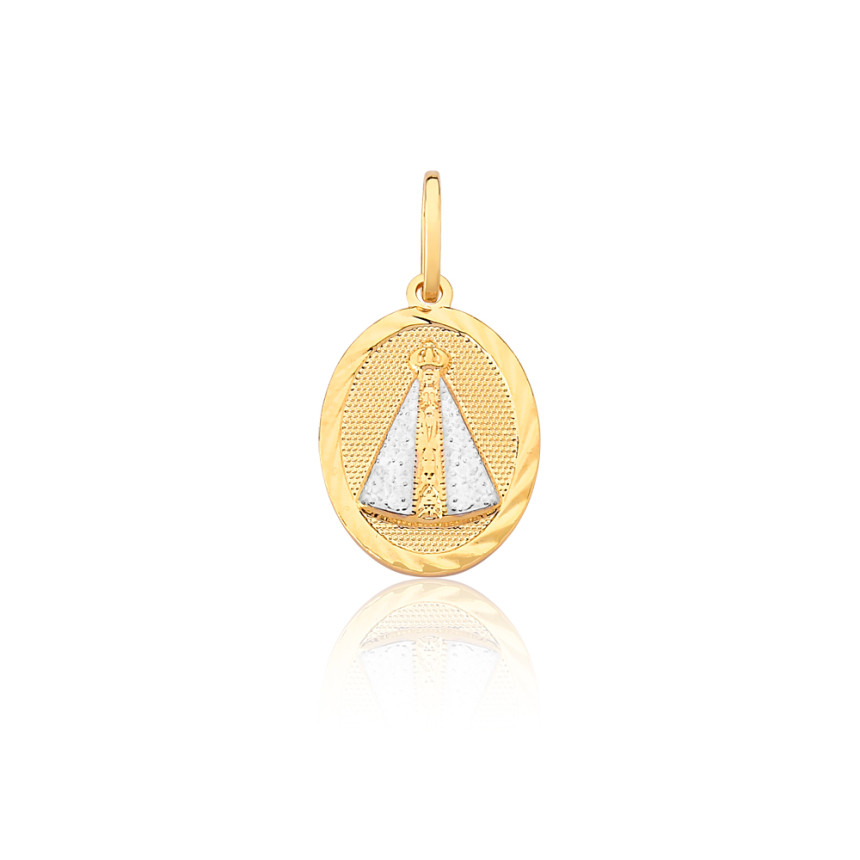 Pingente Nossa Senhora Aparecida Medalha Oval c/ Aplique Ródio Folheado a Ouro 18k
