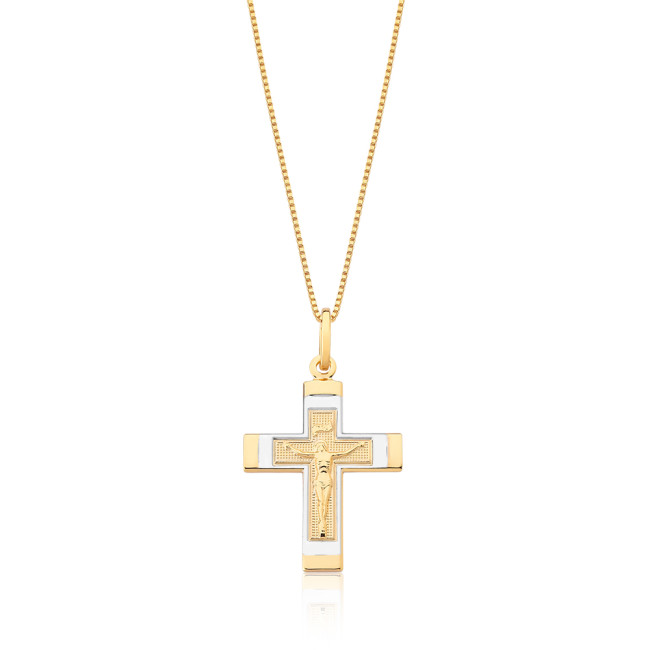 Pingente Cruz com Cristo Detalhe Aplique Ródio Folheado a Ouro 18k