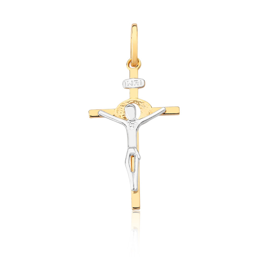 Pingente Cruz Palito c/ Cristo Detalhe Aplique Ródio Folheado a Ouro 18k