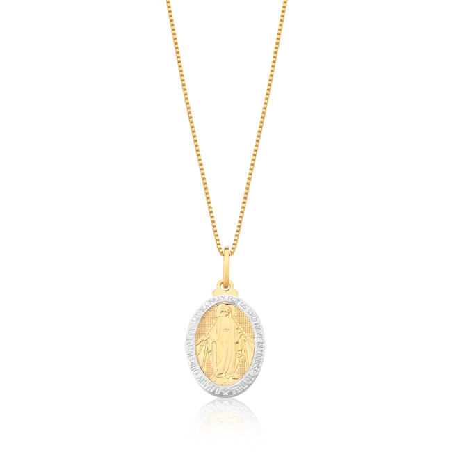 Pingente Nossa Senhora das Graças Medalha Oval c/ Aplique Ródio Folheado a Ouro 18k