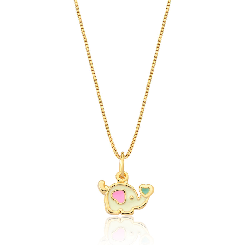 Gargantilha Infantil c/ Pingente Elefantinho Resina Colorida Folheado a Ouro 18k