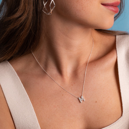 Gargantilha Prata c/ Pingente Letra M Cravejada