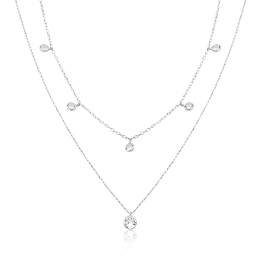 Choker Prata Duplo Zircônias Ponto Luz 