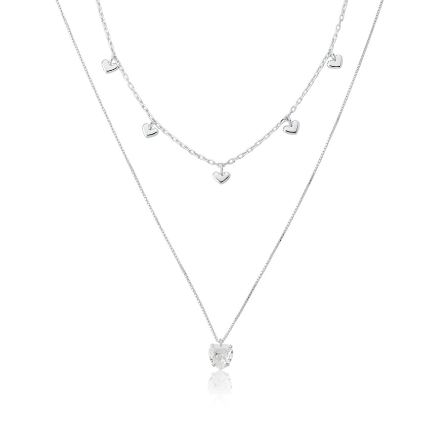 Choker Prata Duplo Zircônia Ponto Luz Coração 
