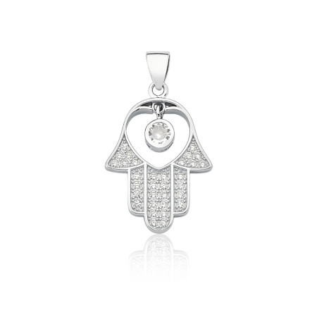 Pingente Prata c/ Ródio Mão de Fátima Cravejado Ponto Luz