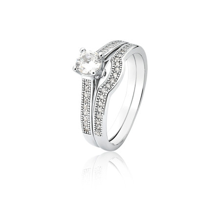 Anel Prata com Ródio Matrimônio Solitário Alto 5mm e Aparador Cravejado Encaixe