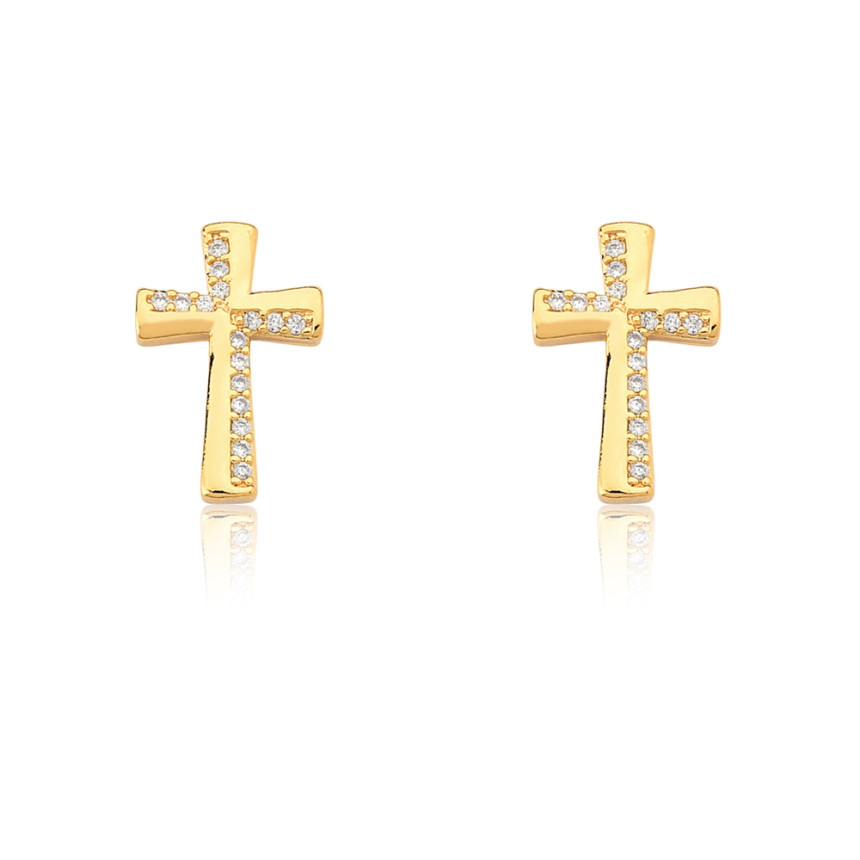 Brinco Fixo Cruz Lisa / Cravejada Folheado a Ouro 18k  