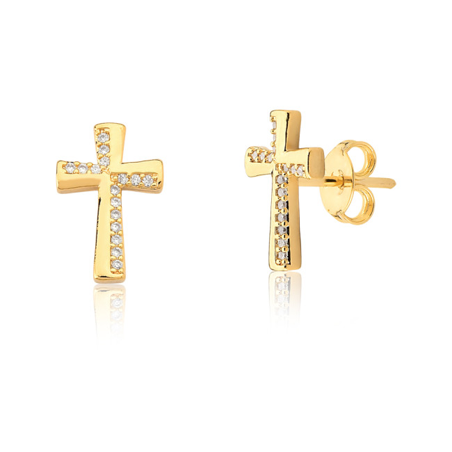Brinco Fixo Cruz Lisa / Cravejada Folheado a Ouro 18k  