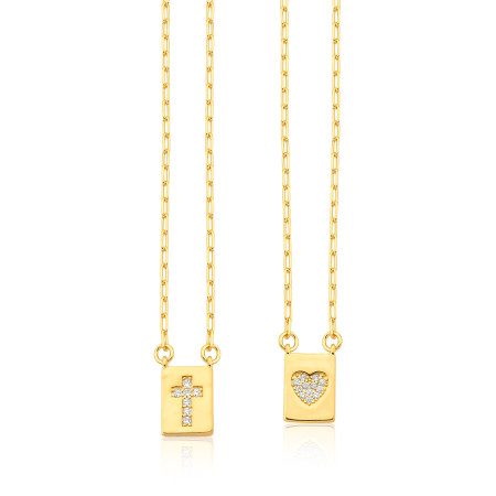 Escapulário Cartier Duas Medalha Cruz e Coração Cravejado 60cm Folheado a Ouro 18k