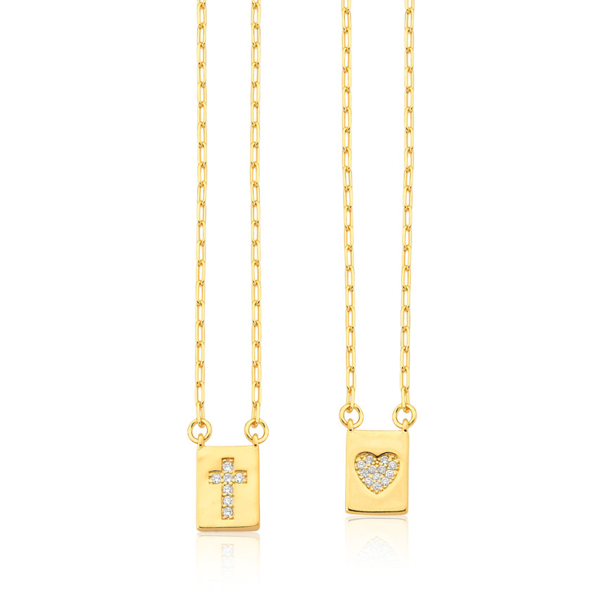 Escapulário Cartier Duas Medalha Cruz e Coração Cravejado 60cm Folheado a Ouro 18k