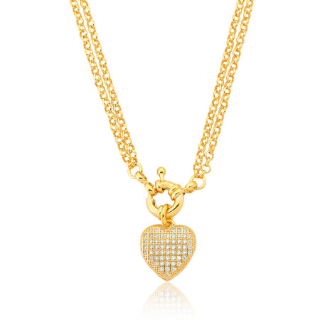 Gargantilha Portuguesa Dupla Fecho Boia c/ Coração Cravejado Folheado a Ouro 18k