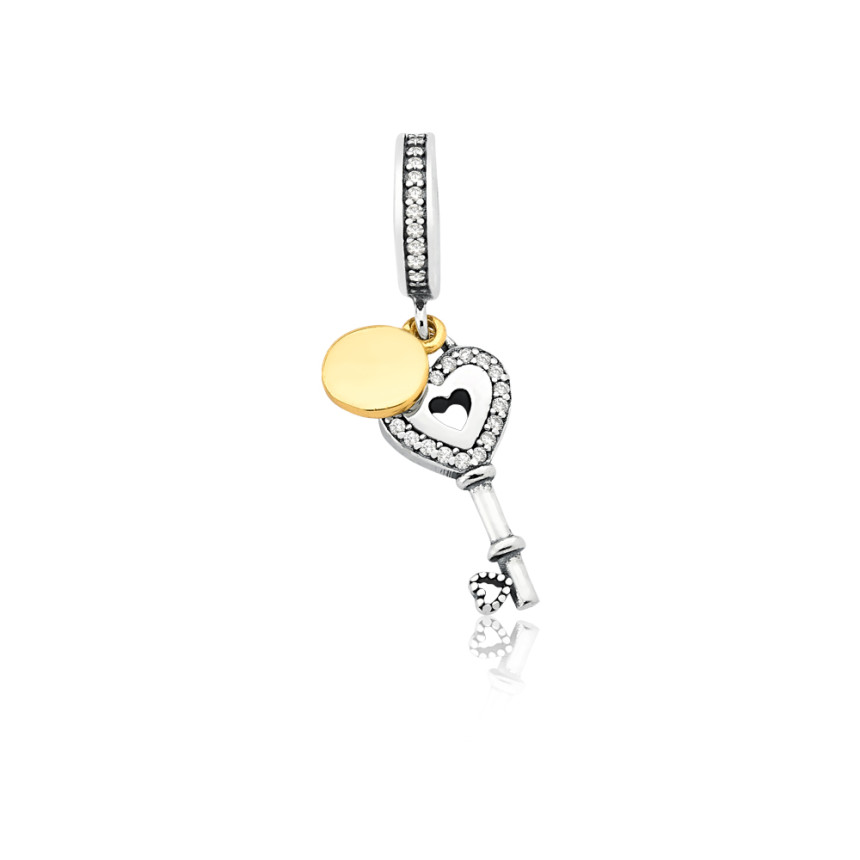 Berloque Prata c/ Ródio You Argola Chave Coração Cravejado e Detalhe Dourado   
