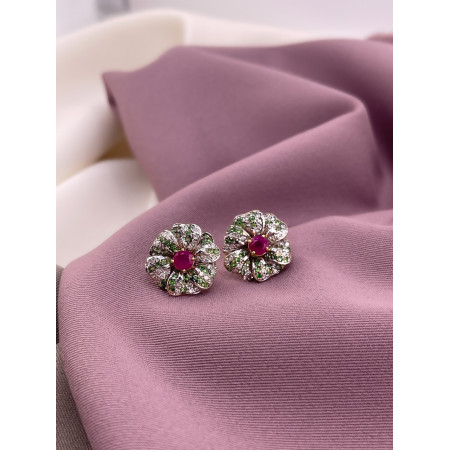 Brincos Flor Rubi e Turquesa Verde com Diamantes