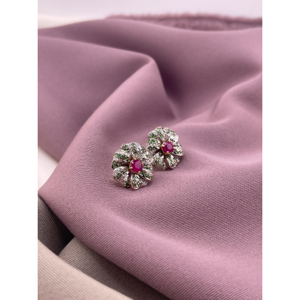 Brincos Flor Rubi e Turquesa Verde com Diamantes
