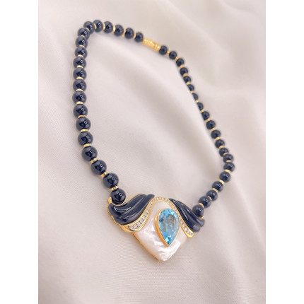 Colar de Onix, Topázio Azul, Madre Pérola e Diamantes