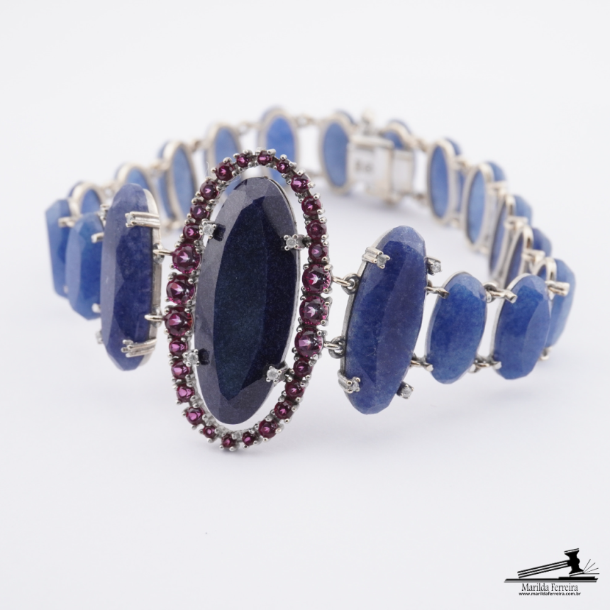 Pulseira com Sodalita  Diamantes e Turmalina Rosa