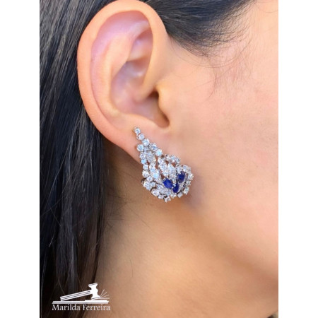 Par de Brincos Safiras com Diamantes em Ouro Branco