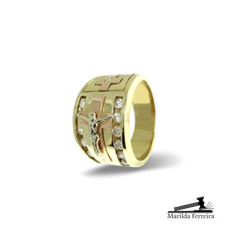 Anel com Crucifixo Tres Tons com Diamantes 