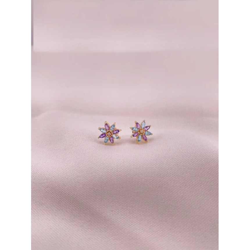 Brincos Flor Topázio Azul e Ametista