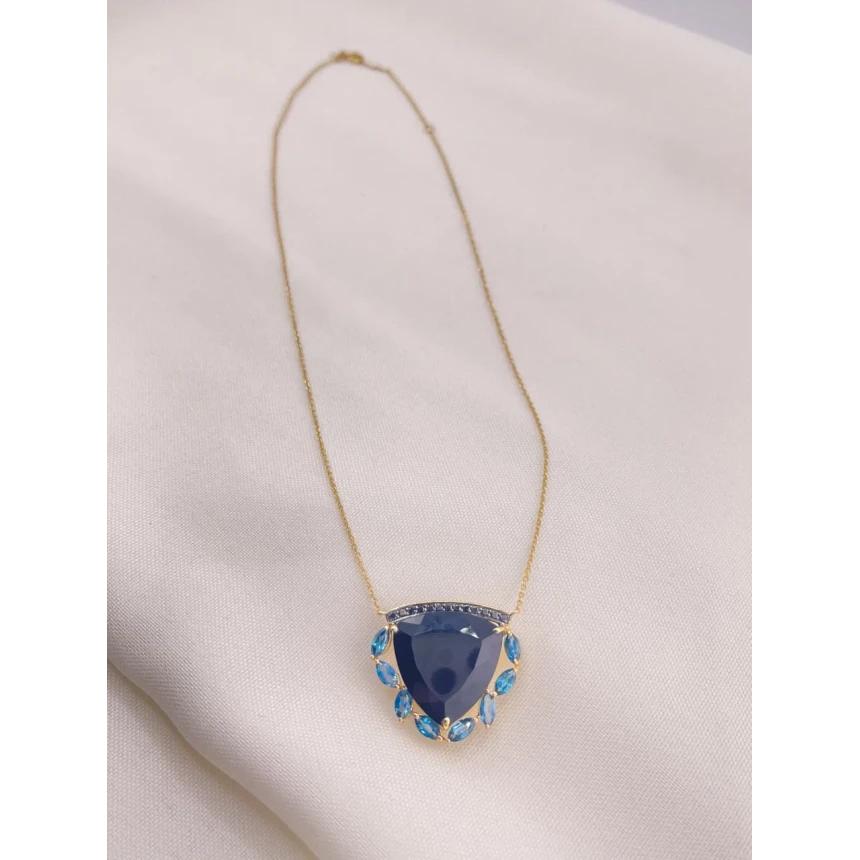 Colar Ônix, Topázio London Blue e Diamantes