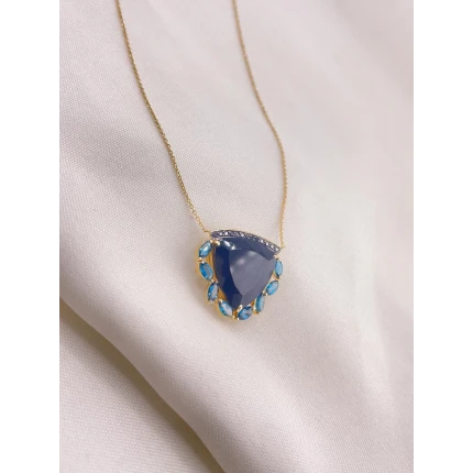 Colar Ônix, Topázio London Blue e Diamantes