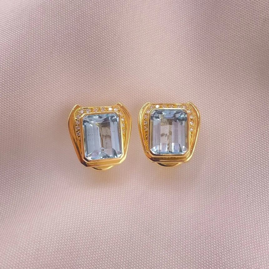 Brincos Topazio Azul, 28 Pontos Diamantes