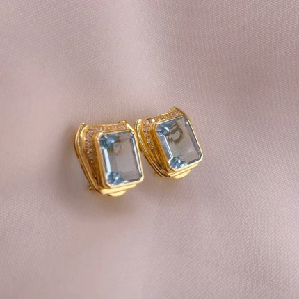 Brincos Topazio Azul, 28 Pontos Diamantes