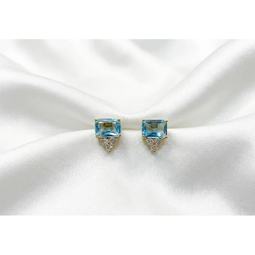 Brincos Topazio Azul, 6 Pontos Diamantes
