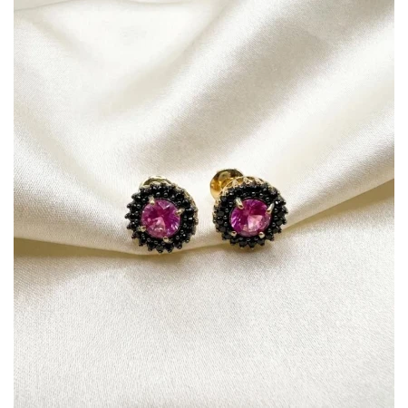 Brincos Mandala Diamantes Negros e Turmalina Rosa