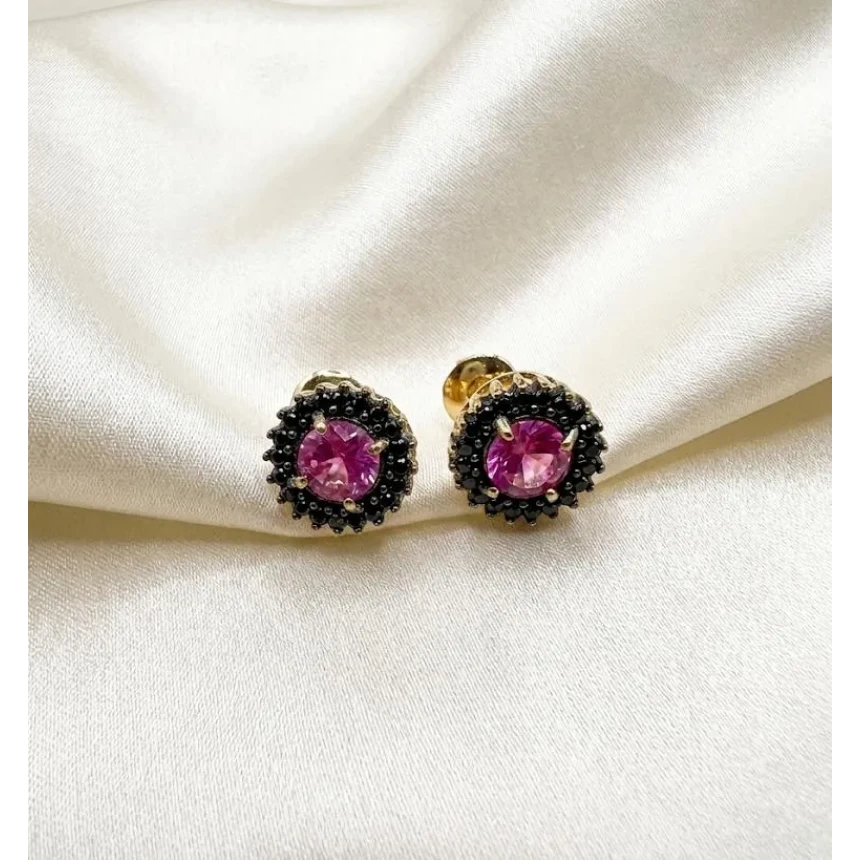 Brincos Mandala Diamantes Negros e Turmalina Rosa