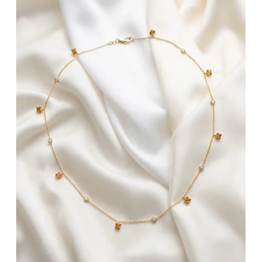 Colar com Topázio Amarelo, 28 Pontos de Diamantes, 47cm