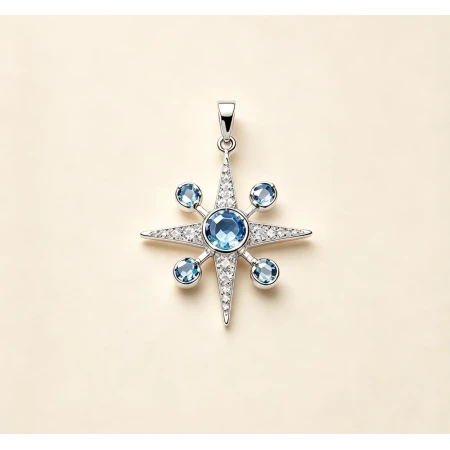 Pingente Topazio Azul, 16 Pontos de Diamantes
