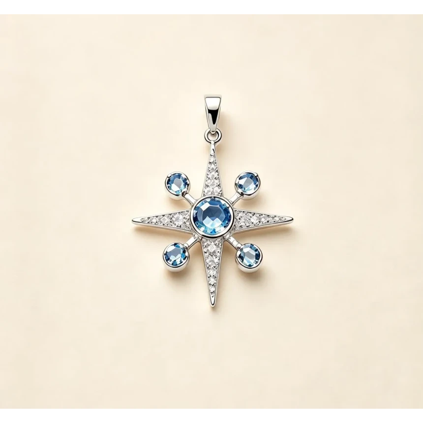 Pingente Topazio Azul, 16 Pontos de Diamantes