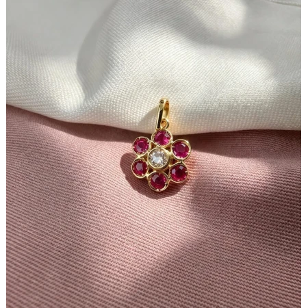 Pingente Flor Turmalina Rosa, 14 Pontos de Diamante