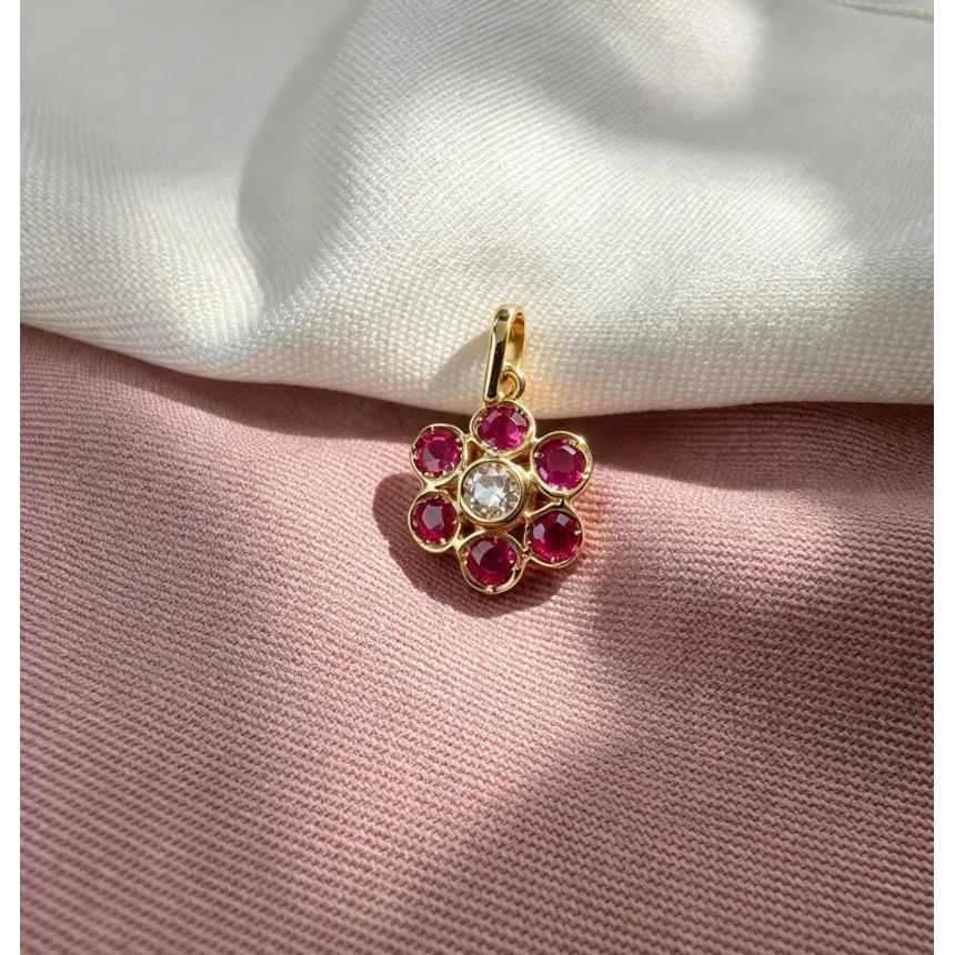 Pingente Flor Turmalina Rosa, 14 Pontos de Diamante