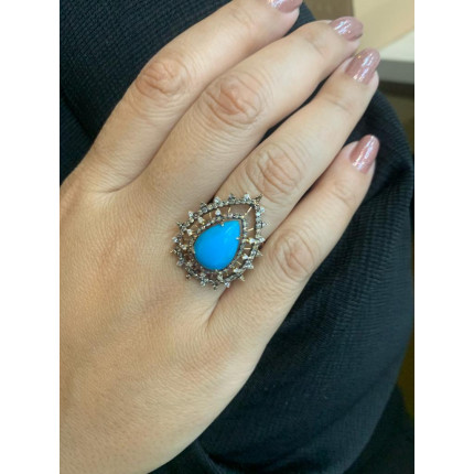 Anel com Gota de Turquesa com Diamantes em Ouro Rose