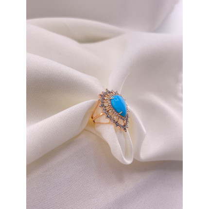 Anel com Gota de Turquesa com Diamantes em Ouro Rose