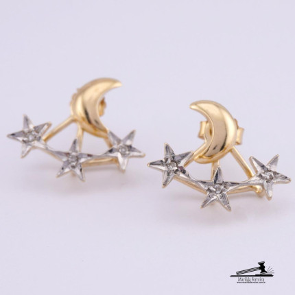 Brincos Ear Cuff Estrelas e Meia Lua Dois Tons
