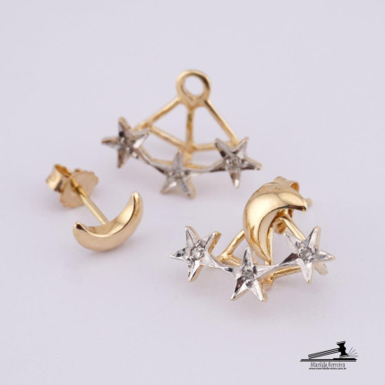 Brincos Ear Cuff Estrelas e Meia Lua Dois Tons