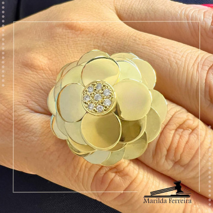 Anel Flor Polida com Diamantes