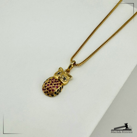 Pingente Coruja Turmalina Rosa com Diamantes 