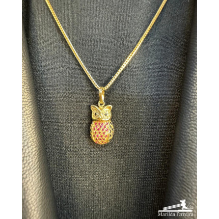Pingente Coruja Turmalina Rosa com Diamantes 