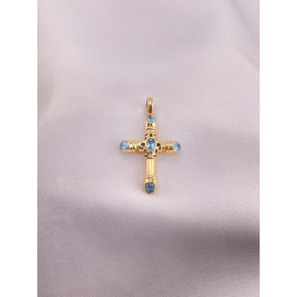 Pingente Cruz Acetinada com Topázio Azul