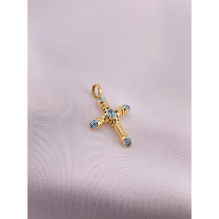 Pingente Cruz Acetinada com Topázio Azul
