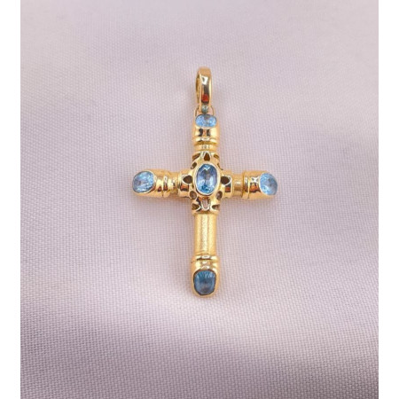 Pingente Cruz Acetinada com Topázio Azul