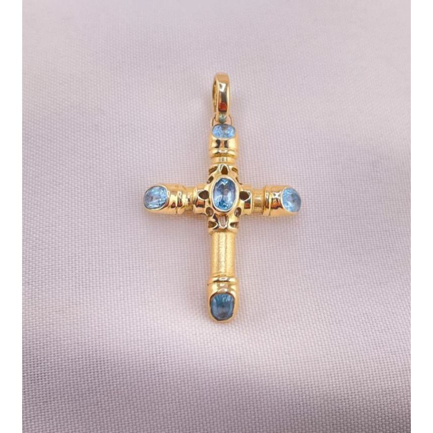 Pingente Cruz Acetinada com Topázio Azul