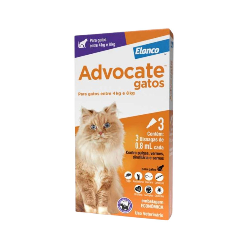 Advocate Gatos 0,8 ml entre 4 e 8 kg - 3 bisnagas