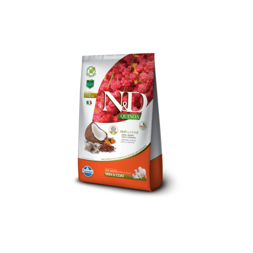 N&D Quinoa Skin et Coat Cães Adultos Todas as Raças Peixe, Quinoa, Coco e  Cúrcuma 2,5 kg