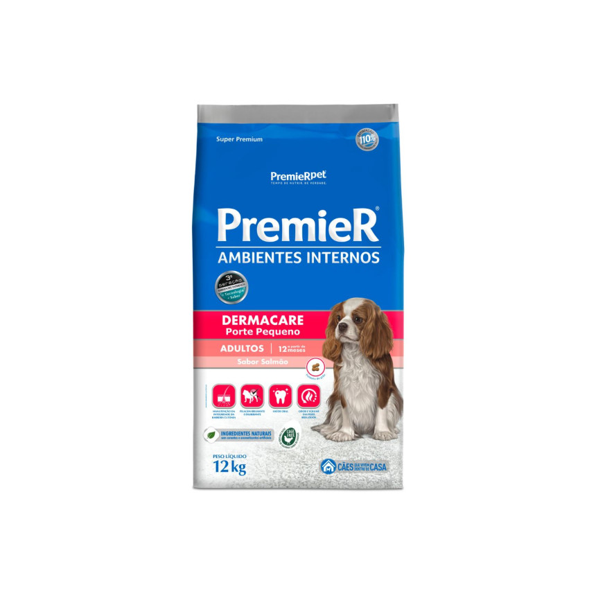 Premier Ambientes Internos Dermacare Cães Adultos Porte Pequeno Salmão 12 kg