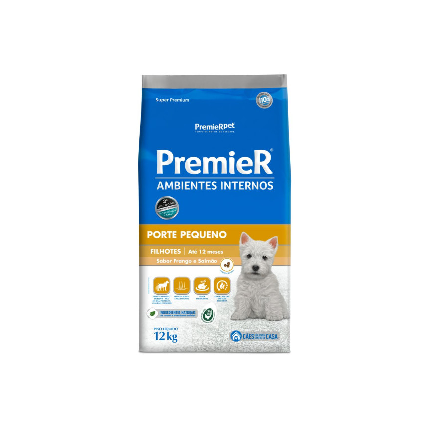 Premier Ambientes Internos Cães Filhotes Porte Pequeno Frango e Salmão 12 kg